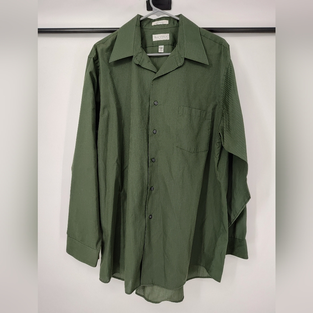 Van Heusen Satin Stripe Dark Green Long-Sleeve Button-Down Shirt Size Mens 17